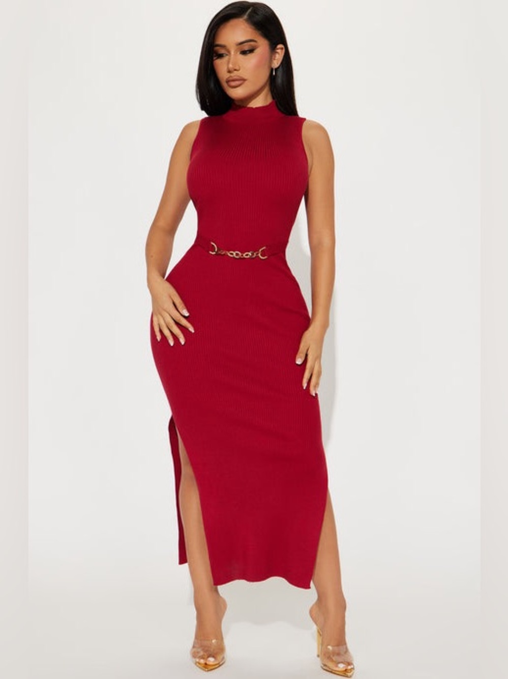 Fashion Nova Gorgeously Lucy Funnel Neck Midi Dress XL Red Ribbed NWT